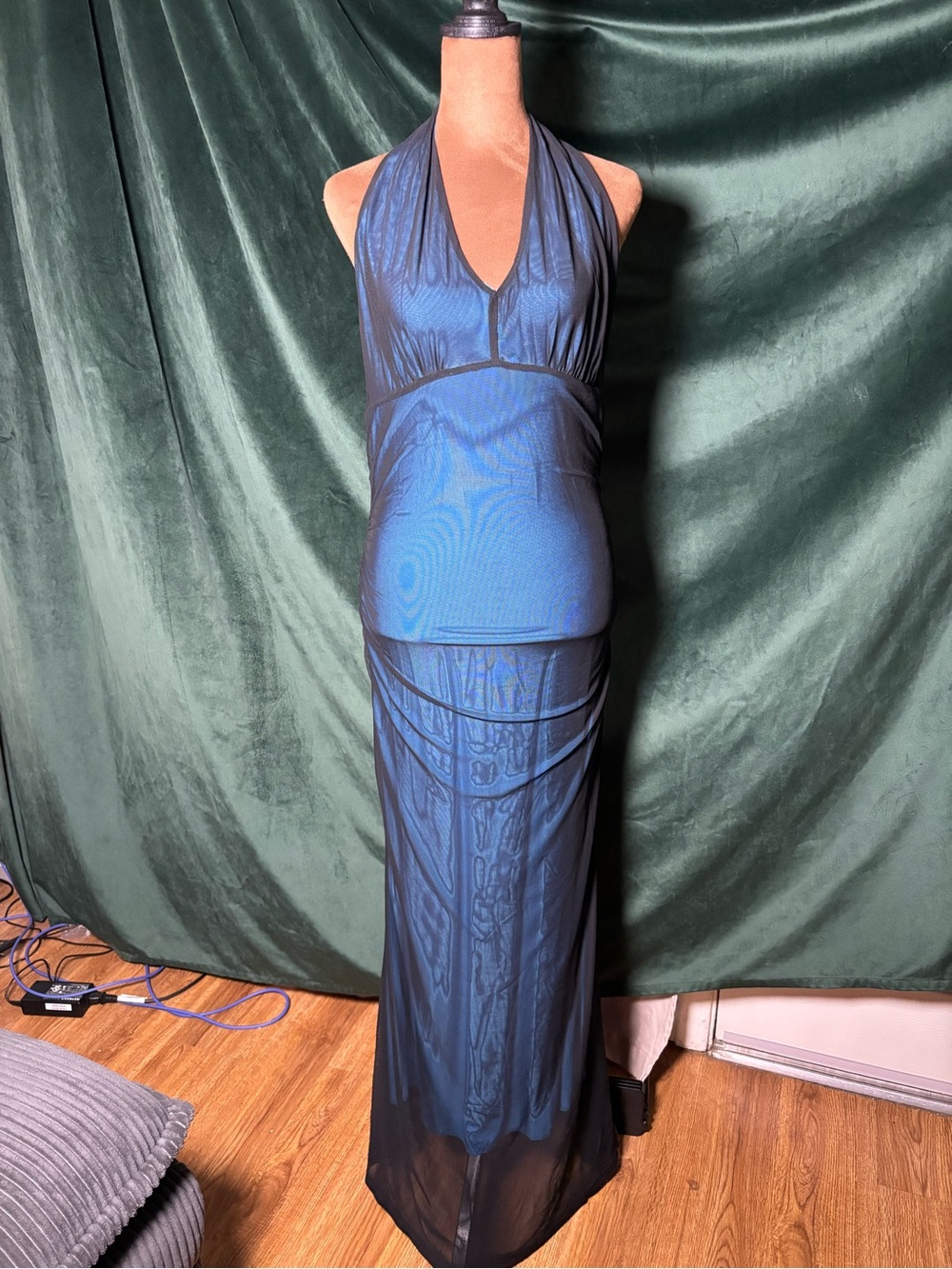 Halter Sheer Mesh Maxi Dress in Blue and Black